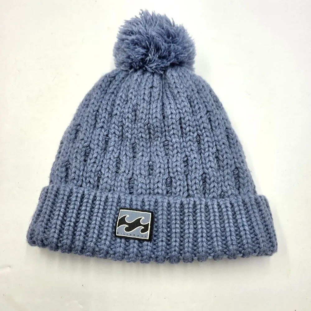Billabong Knit Beanie Pom Pom Blue Cable Stitch Fleece Lined Folded Cuff Logo
